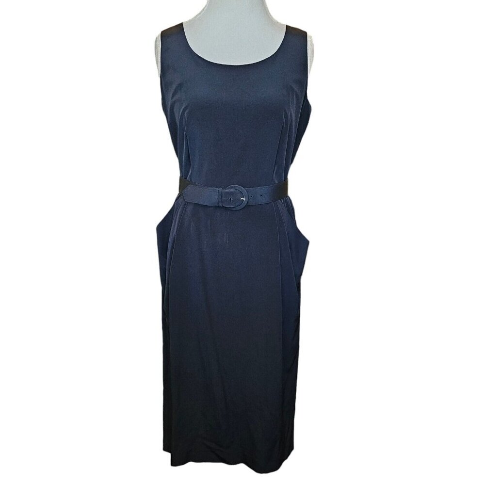 Vintage 90s Womens Size 10 Dress Black Belted Midi Pleated Pockets Classic
